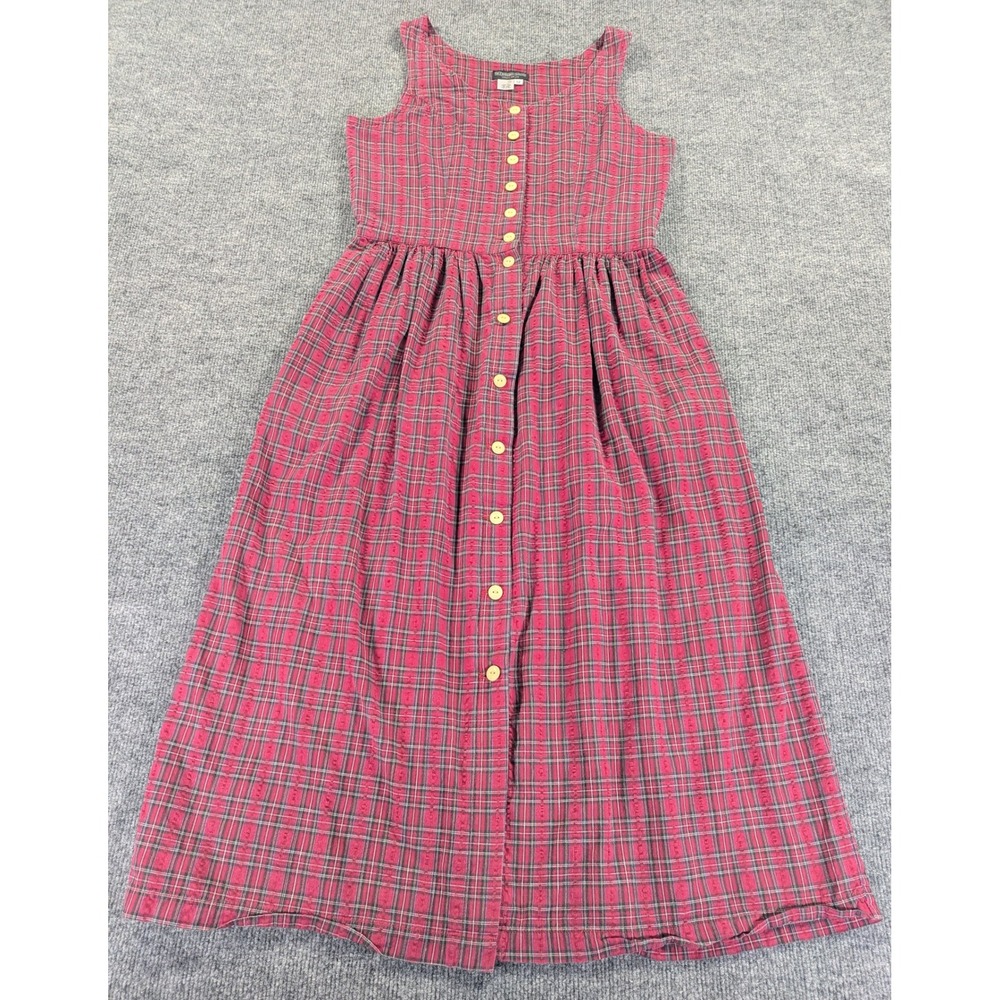 J Peterman Company Vintage Plaid Cotton Button Front Midi Dress Red Black Sz 12